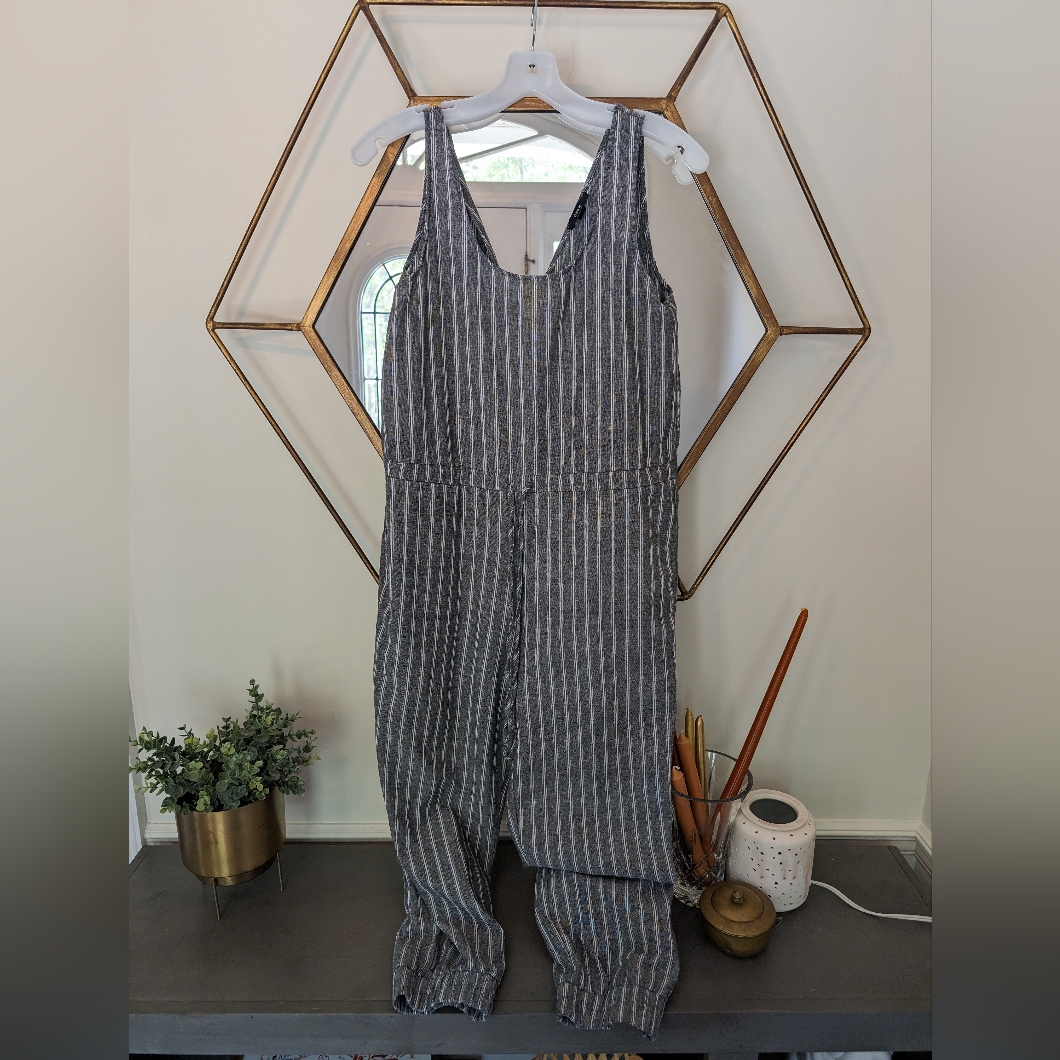 Euc Anthropologie Drew Jumpsuit With Pockets, Black/Grey & White Striped, Size S